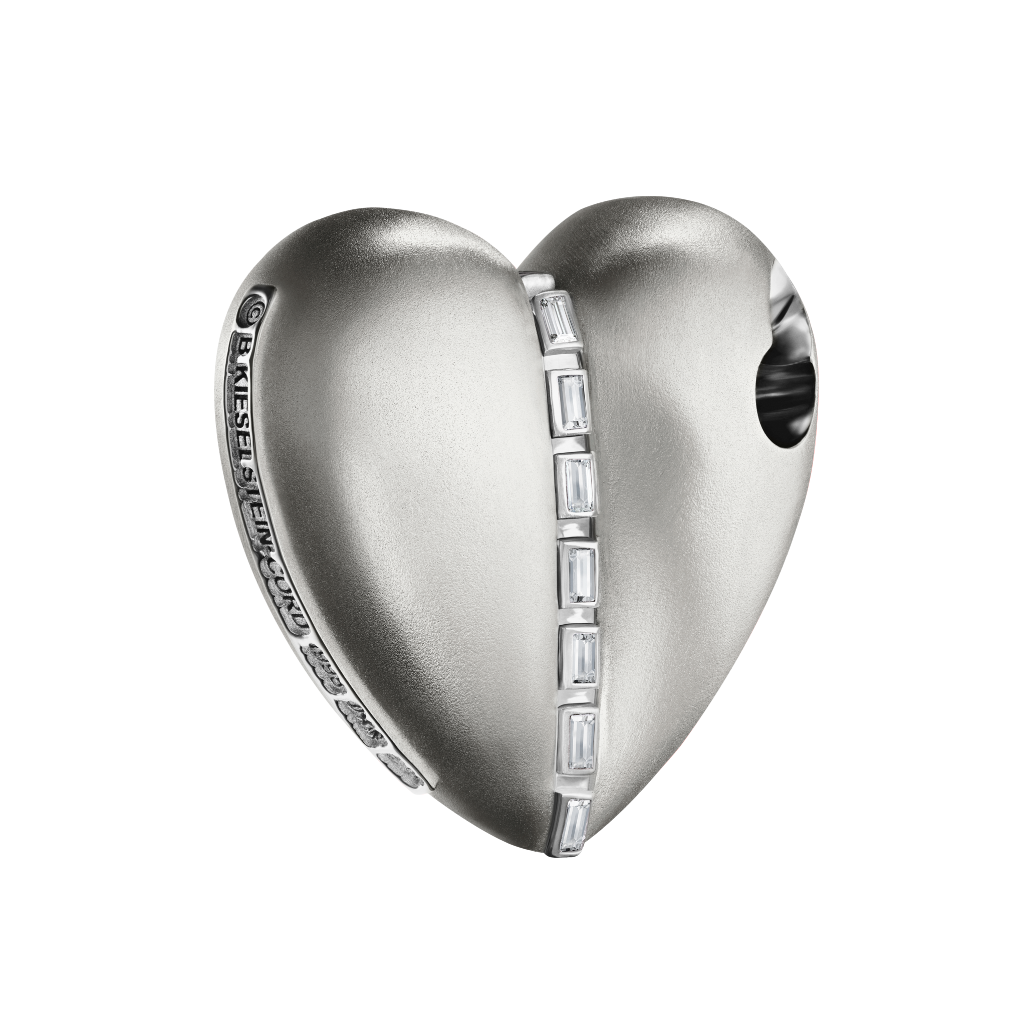 A detail of Bullet Hole Heart Pendant with Baguettes XL in Silver
